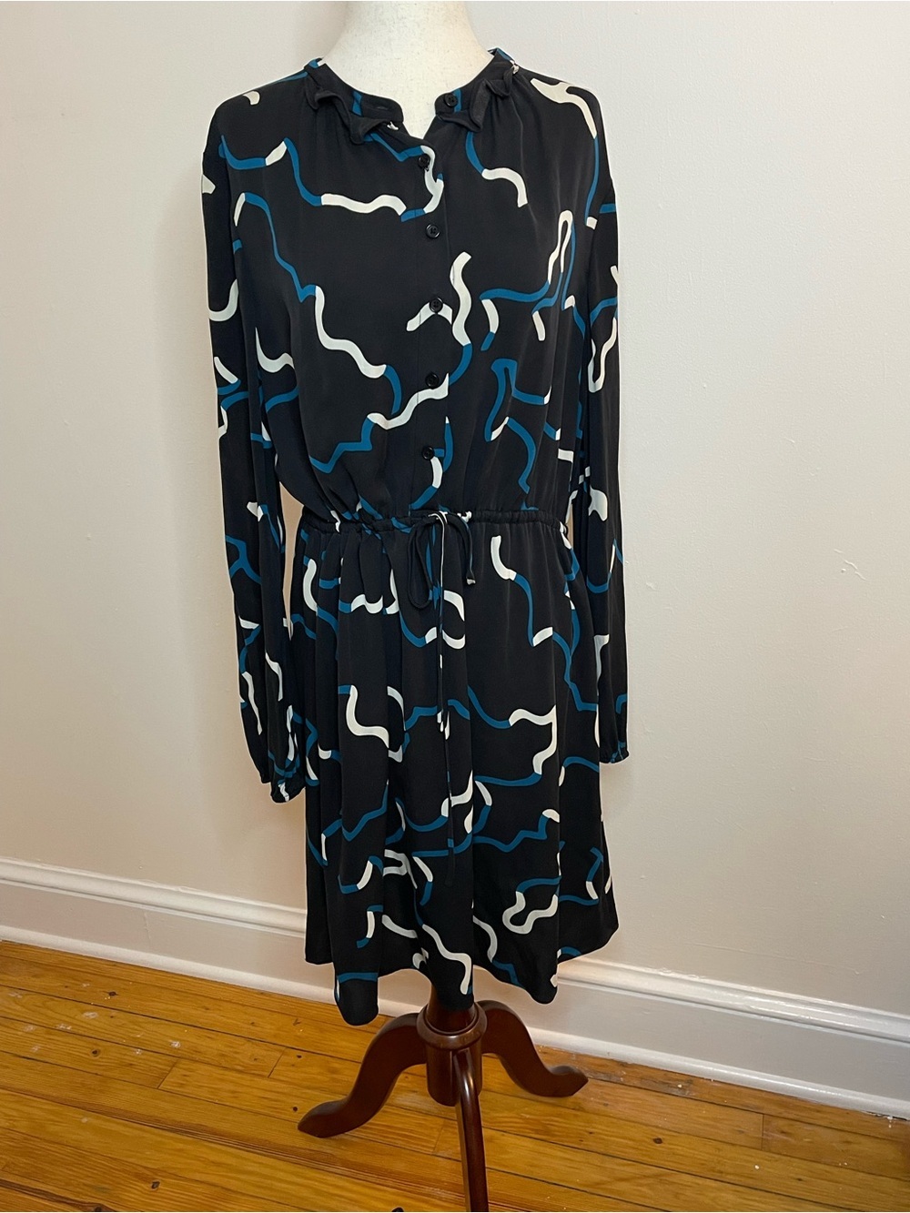 Diane Von Furstenberg Black Dress with Blue and White Abstract Print